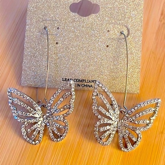 Brand New Natasha Rhinestone Butterfly Silver Tone Drop Earrings Sparkly - Picture 4 of 13